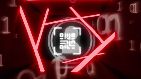 Animation of binary coding and profile icon over neon qr code scanner against Stock Footage 326033846