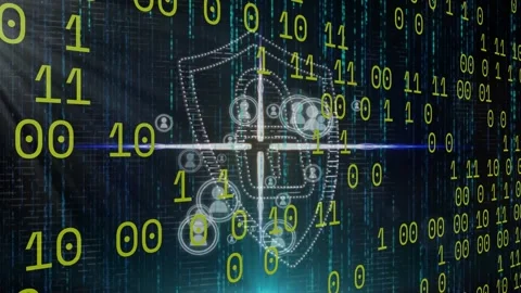 Animation of binary coding and profile icons over security padlock icon against Stock Footage 329124835