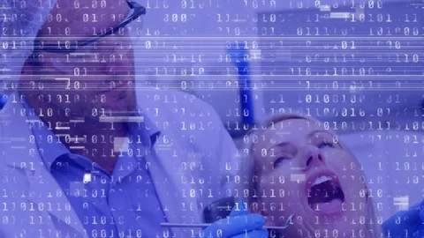 Animation of binary coding and purple tint over patient in dentist chair and Stock Footage 327583455