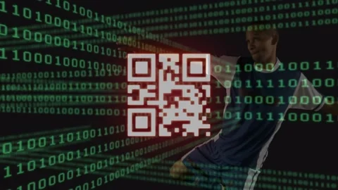 Animation of binary coding and qr code over football player 库存影片 329766304