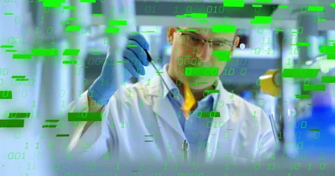 Animation of binary coding and shapes over caucasian male scientist doing Stock Footage 310765458