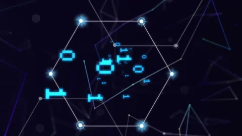 Animation of binary coding and shapes on black background Stock Footage 313186592