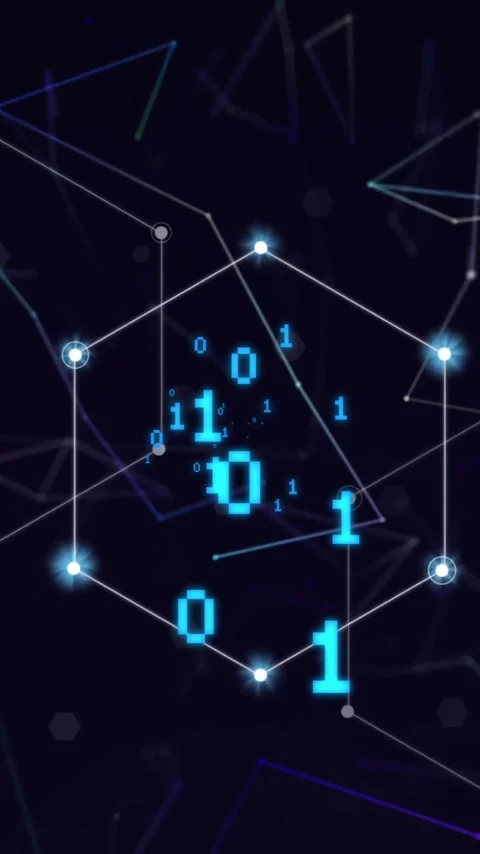 Animation of binary coding and shapes on black background Stock Footage 320512096