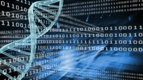 Animation of binary coding and spinning dna structure over blue square shapes on Stock Footage 326298363