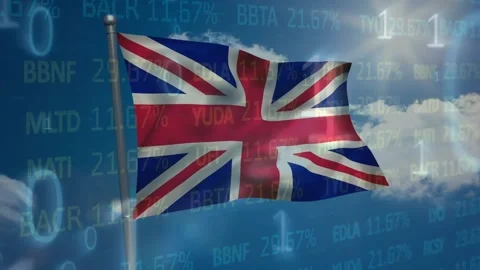 Animation of binary coding and stock market data processing over waving uk flag Stock Footage 328934334