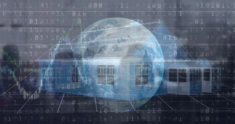 Animation of binary coding and stock market data processing over globe against Stock Footage 329568982