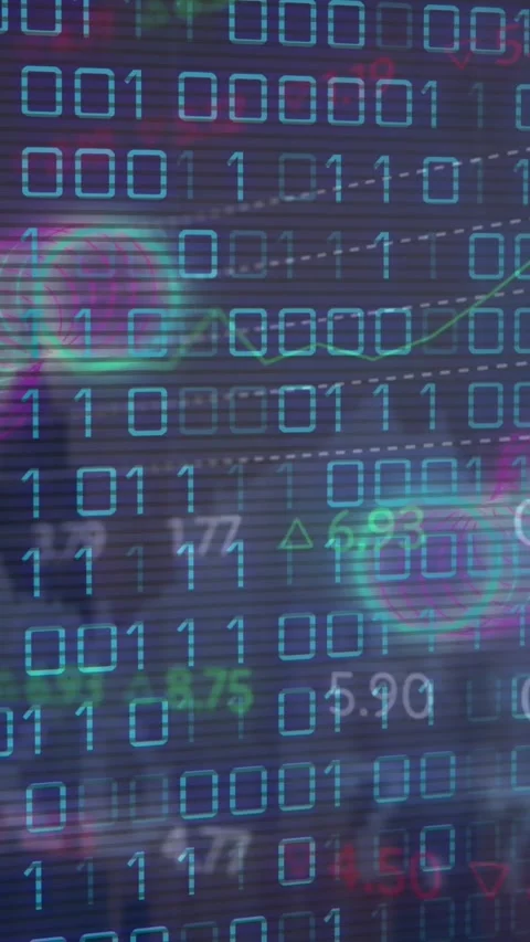 Animation of binary coding and stock market data processing against aerial view Stockbeeldmateriaal 344370293