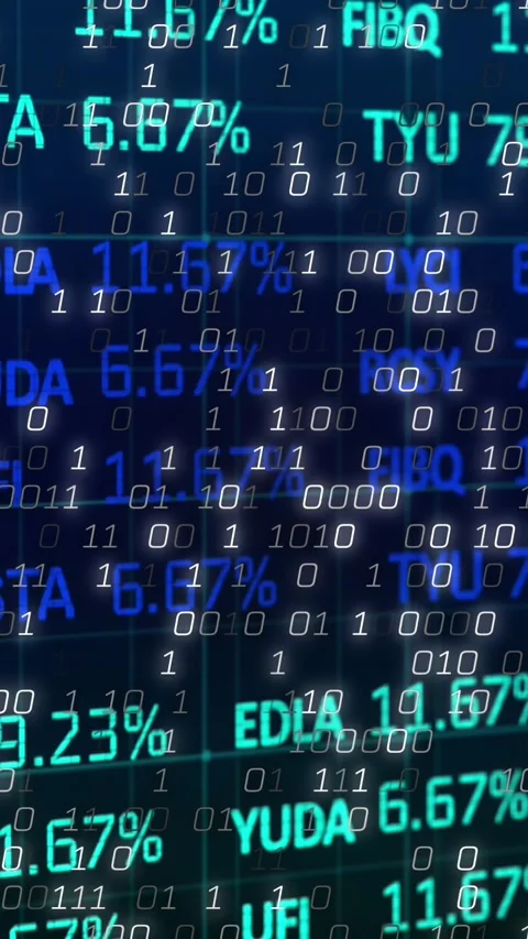 Animation of binary coding and stock market data processing against blue 库存影片 344669176