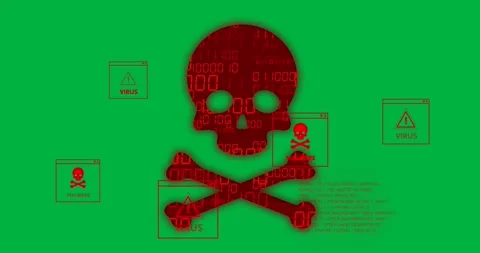 Animation of binary coding and virus data processing over skull and bones Stock Footage 317925666