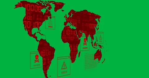 Animation of binary coding and virus data processing over world map Stock Footage 317925674