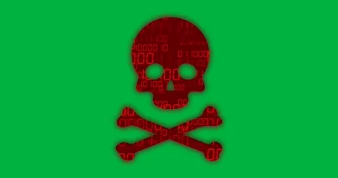 Animation of binary coding and virus data processing over skull and bones Stock Footage 317925683