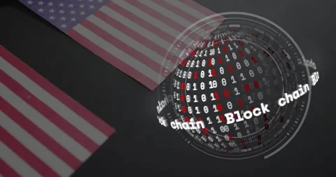 Animation of binary coding, block chain text and globe with flag of usa over Stock Footage 265543296