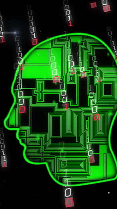 Animation of binary coding with circit board head over black background Stock Footage 320378690