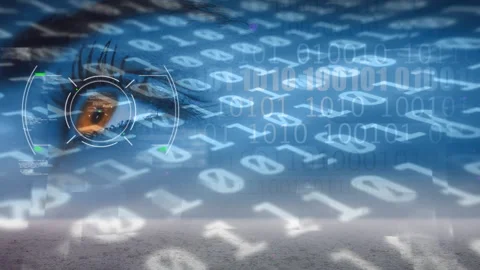 Animation of binary coding data processing with scope scanning and eye Video stock 150618246