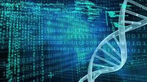Animation of binary coding, data processing and dna strand spinning over grid Stock Footage 201536884