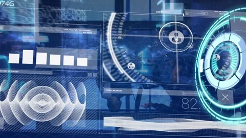 Animation of binary coding data processing and scopes over screens Stock Footage 223625555