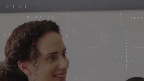 Animation of binary coding data processing against caucasian female teacher 스톡 동영상 238056871