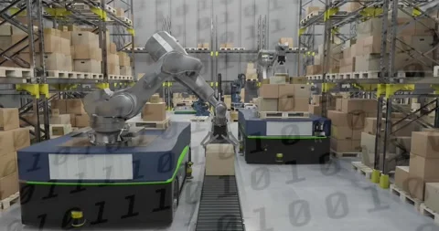 Animation of binary coding data processing over warehouse Stock-Footage 250072651