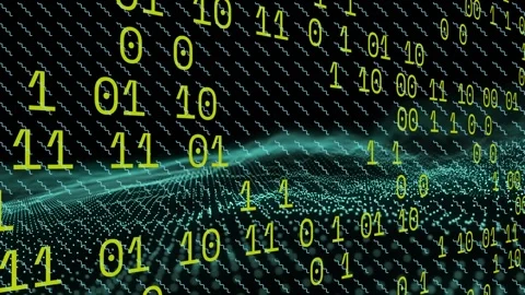 Animation of binary coding data processing over blue digital wave against black Stock Footage 255106189