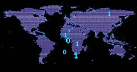 Animation of binary coding data processing over world map Stock Footage 257189881