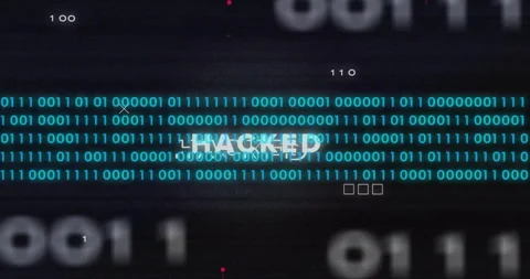 Animation of binary coding data processing over hacked text Stock Footage 265565322