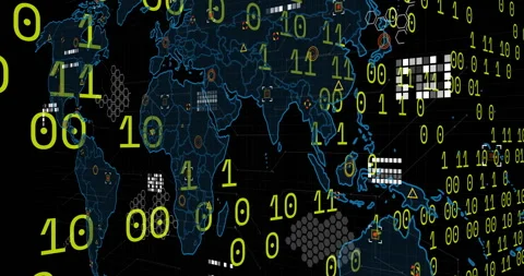 Animation of binary coding, data processing over world map on black background Stock Footage 265622469