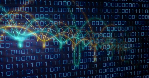 Animation of binary coding data processing with glowing neon light trails Stock Footage 268269665