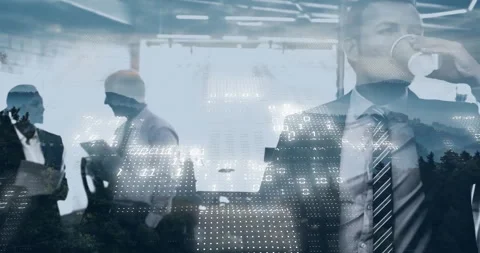 Animation of binary coding data processing over diverse business people in Stock Footage 307471125