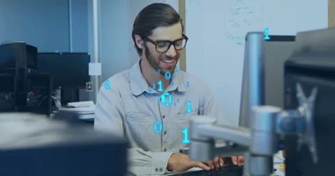 Animation of binary coding data processing over caucasian businessman in office Stock Footage 307471193