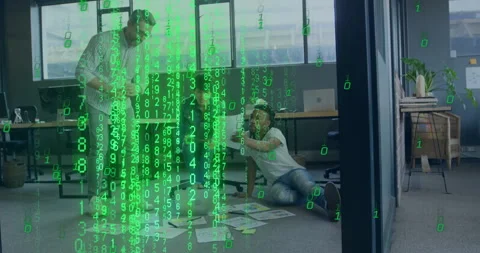 Animation of binary coding data processing over diverse business people in Stock Footage 307471281