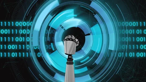 Animation of binary coding data processing over robot's arm Stock Footage 309908979