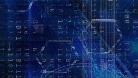 Animation of binary coding data processing over computer servers in background Stock Footage 312487914