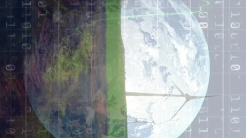 Animation of binary coding data processing over globe and landscape Stock Footage 312569396
