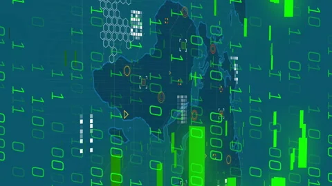 Animation of binary coding data processing over world map Video stock 312667867