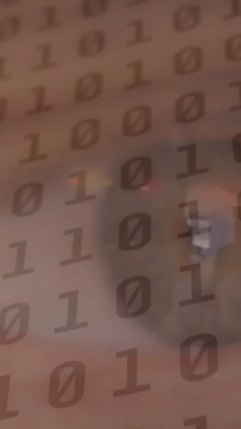 Animation of binary coding data processing over woman's eye Video stock 320158865