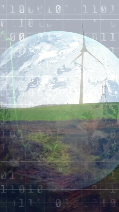 Animation of binary coding data processing over globe and landscape Stock Footage 323151825