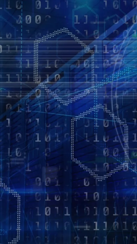 Animation of binary coding data processing over computer servers in background Stock Footage 323340190