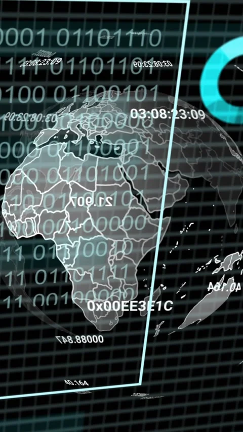 Animation of binary coding data processing and globe over black background Video stock 323420581