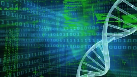 Animation of binary coding, data processing and dna strand spinning over grid Stock Footage 326098483