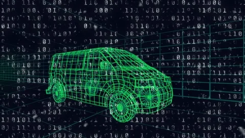 Animation of binary coding data processing over 3d drawing of van Stock Footage 326630528