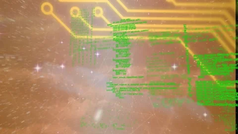 Animation of binary coding data processing over glowing computer circuit board Stock Footage 326756276