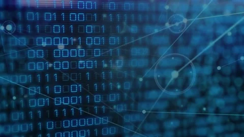 Animation of binary coding data processing over screen on blue background Stock Footage 327059901