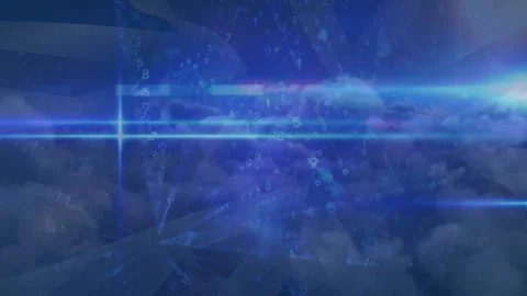 Animation of binary coding data processing and blue light trails over clouds in Stock Footage 327393015