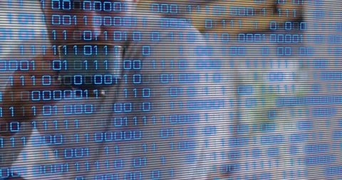 Animation of binary coding data processing over caucasian man drinking coffee Stock Footage 327642010