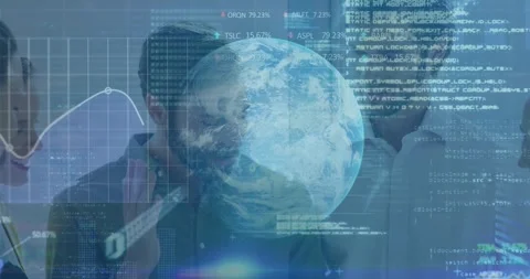 Animation of binary coding data processing and globe over diverse businessmen Stock Footage 328004517