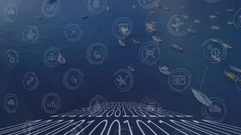 Animation of binary coding data processing and network of connections with icons Stock Footage 328359930
