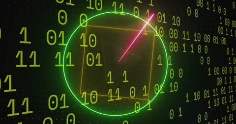 Animation of binary coding data processing over neon shapes Stock Footage 328402944