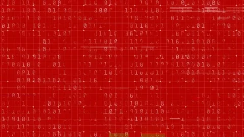 Animation of binary coding data processing with glitch on red background Video stock 328465761