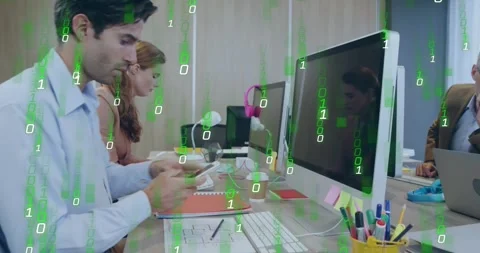 Animation of binary coding data processing over diverse business people in Stock Footage 328466801
