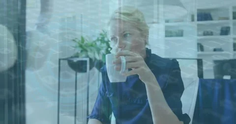 Animation of binary coding data processing over woman drinking coffee at home Stock Footage 328588530